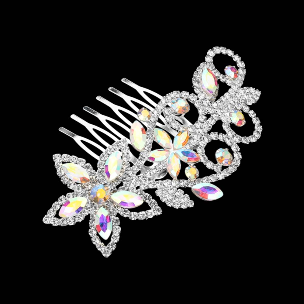 Marquise Stone Cluster Rhinestone Pave Floral Hair Comb