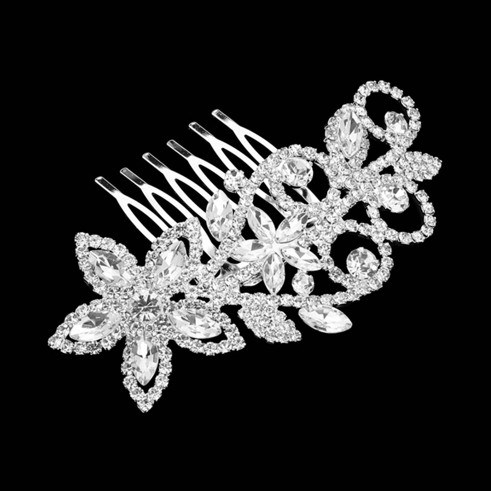 Marquise Stone Cluster Rhinestone Pave Floral Hair Comb