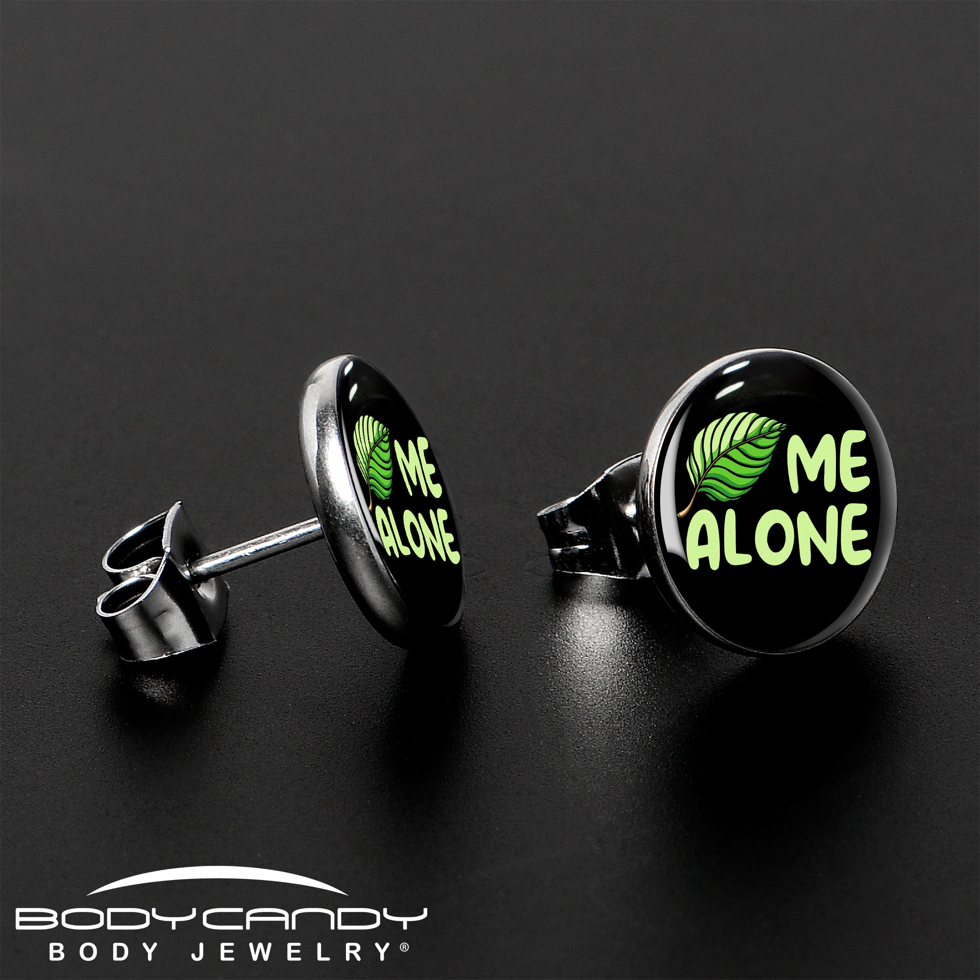 Black Green Leaf Me Alone Stud Earrings by Onyx O