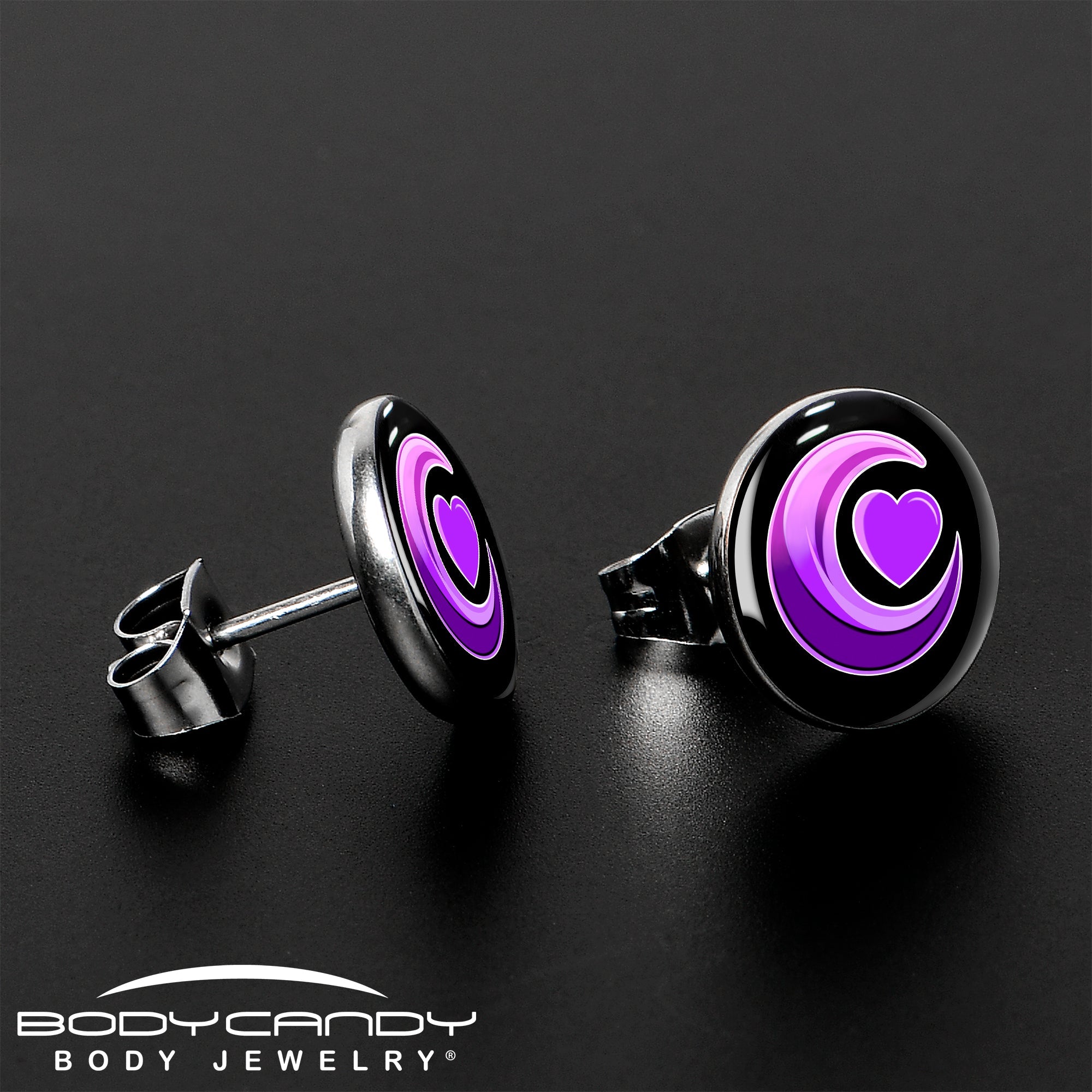 Crescent Moon Heart Stud Earrings by Onyx O