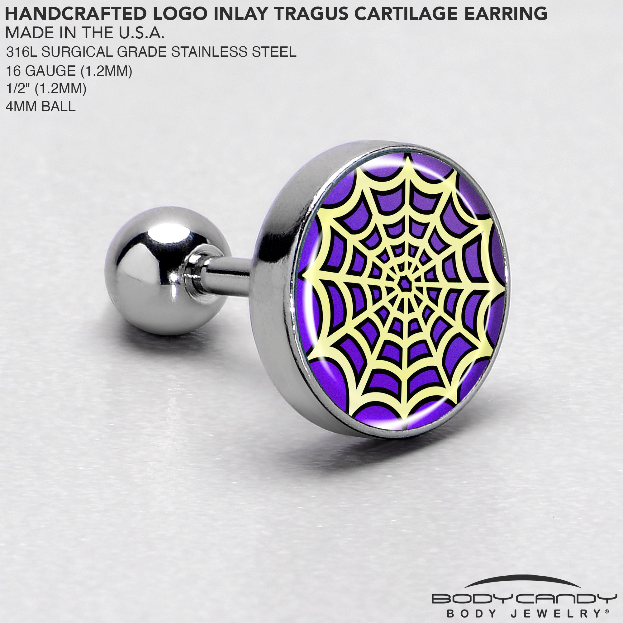 16G 1/4 Two Tone Spider Web Tragus Cartilage Earring by Onyx O