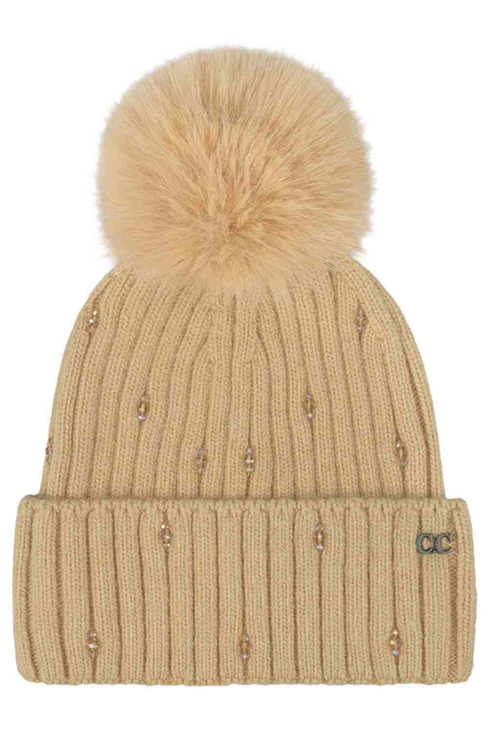 C.C Glass Bead Embellishment Faux Fur Pom Beanie