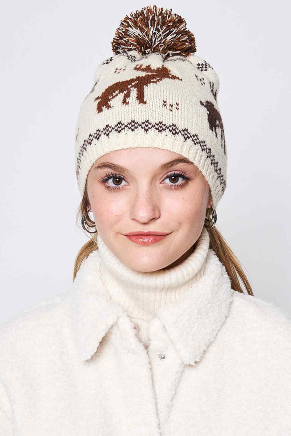 Reindeer Nordic Christmas Holiday Pom Beanie