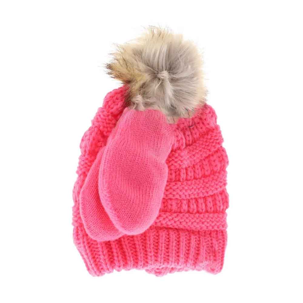 BABY Solid Knit Faux Fur Pom C.C Beanie with Mitten SET
