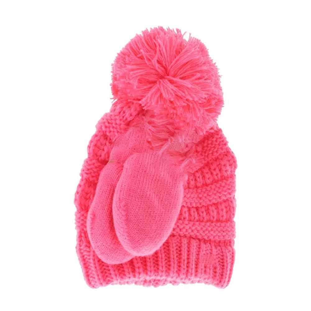 BABY Solid Knit Pom C.C Beanie with Mitten SET