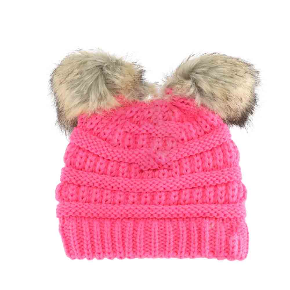 BABY Solid Ribbed Faux Fur Double Pom C.C Beanie