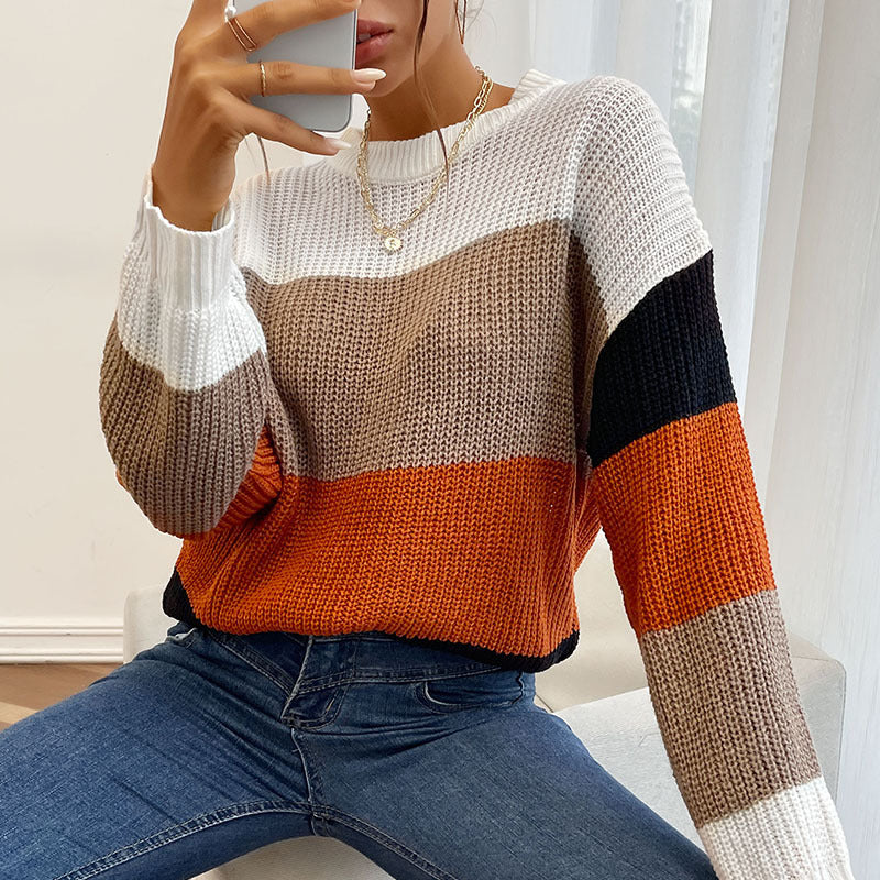 New Lazy Style Colorblock Crewneck Ladies Sweater - Closther