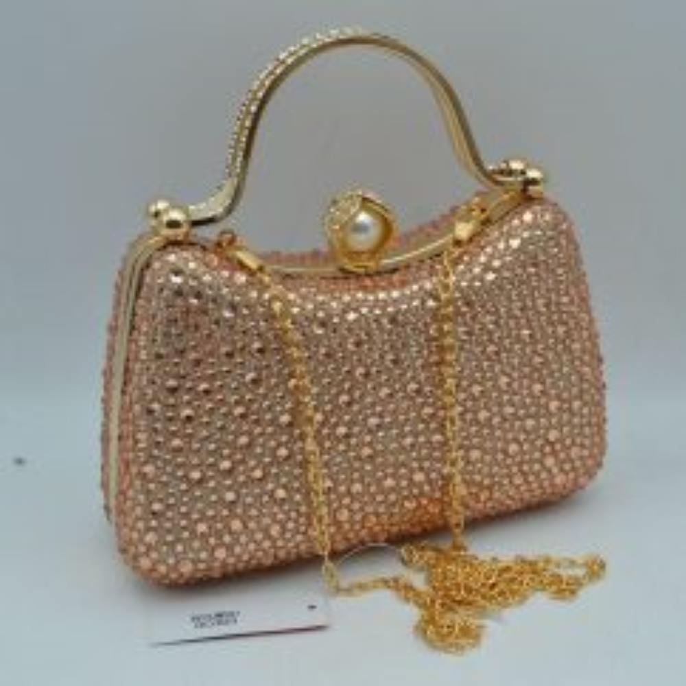 Rhinestone Encrusted Evening Clutch Bag with Pearl Clasp and Metal Handle