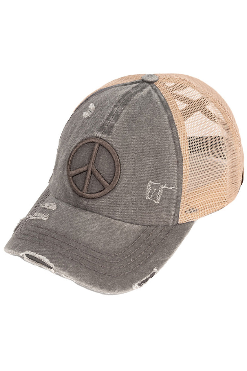 C.C Women's Peace Sign Distressed Ponytail Cap