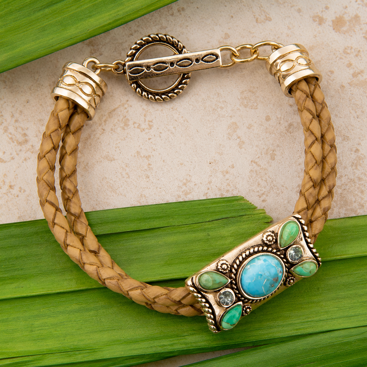 Legacy Lime Green and Blue Turquoise Braided Leather Bracelet