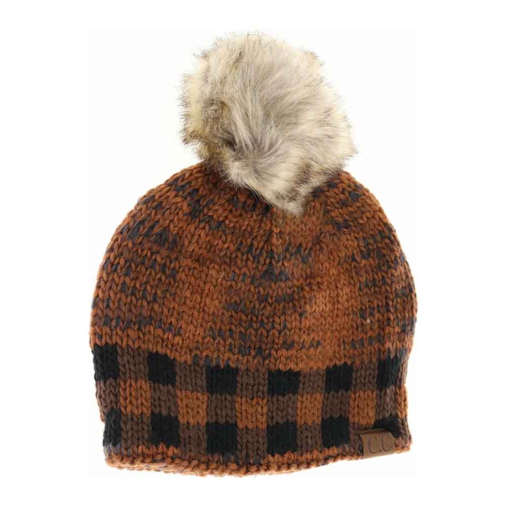 Buffalo Check Mixed Print Fur Pom C.C Beanie