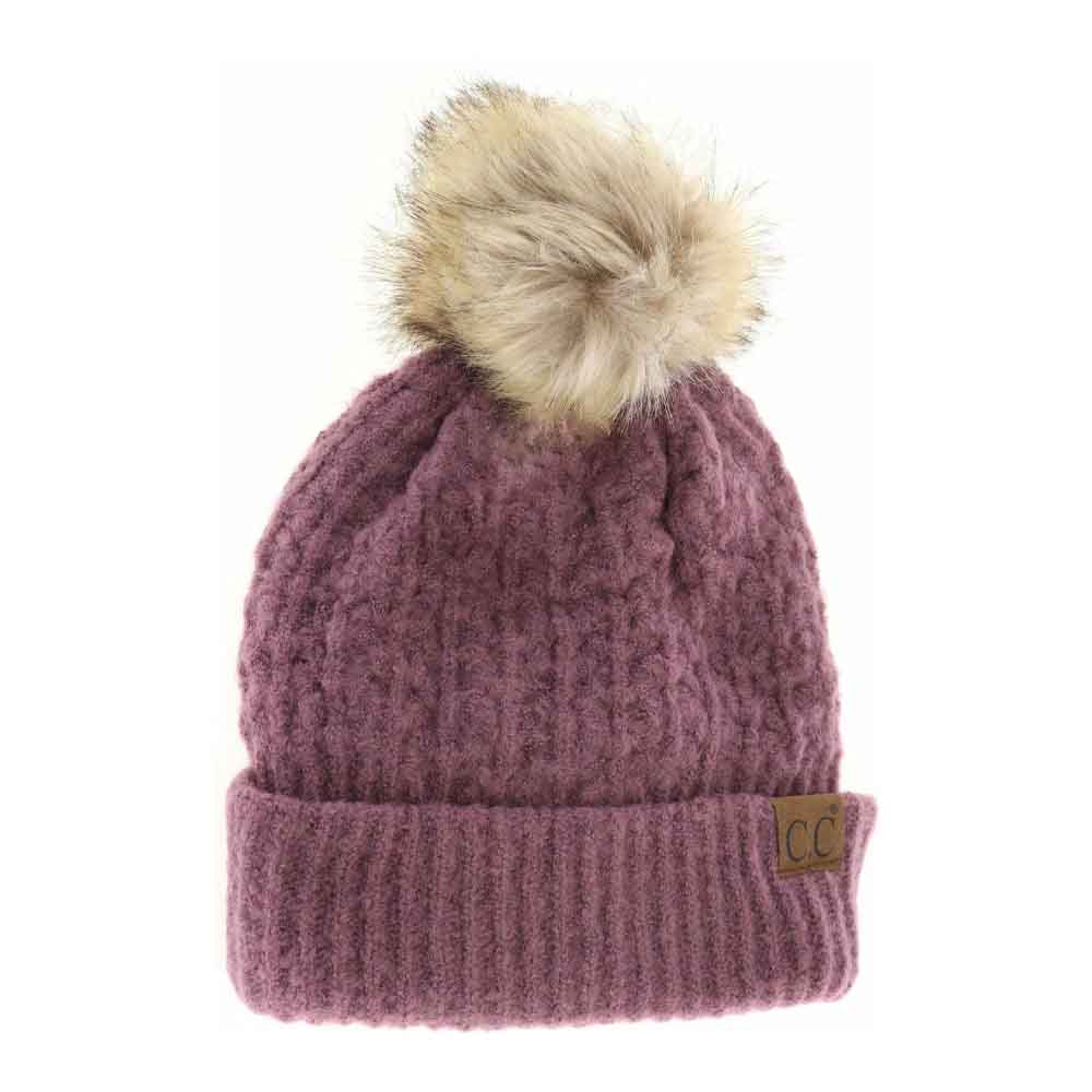 Solid Smocked Stitch Fur Pom C.C Beanie