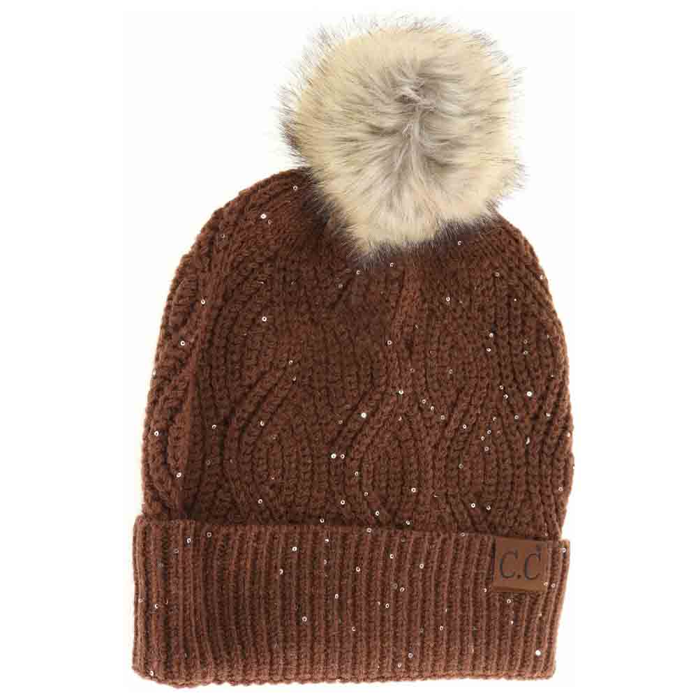 Sequin Brioche Cable Knit Fur Pom C.C Beanie