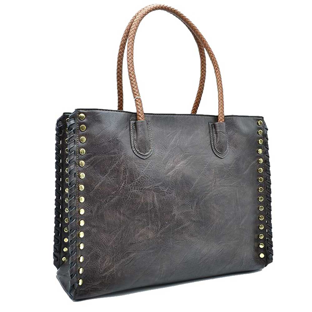 Women's Studded Faux Leather Whipstitch Shoulder Bag Tote