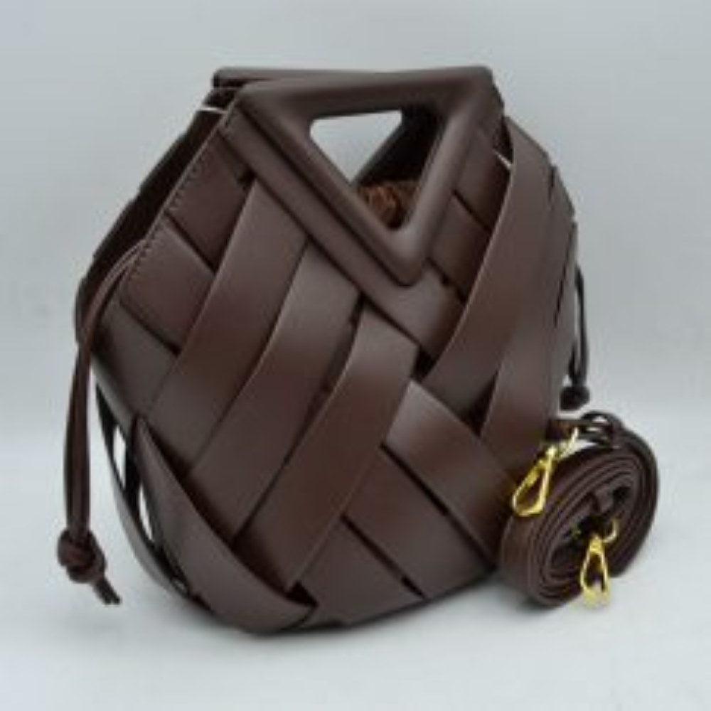 Geometric Wide Weave Bucket Bag with Triangular Top Handle