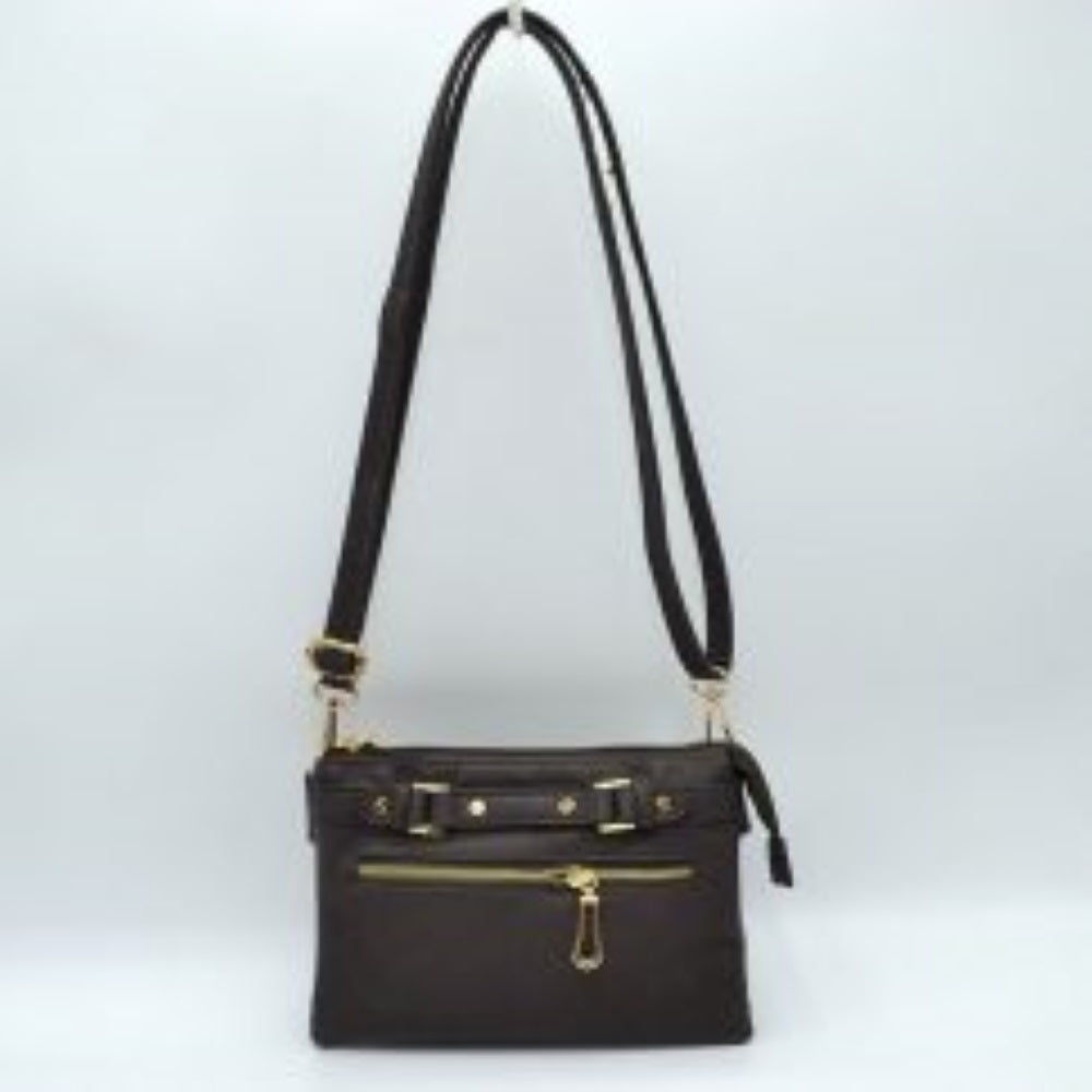 Multi-Zipper Crossbody Bag with Adjustable Strap and Gold Hardware