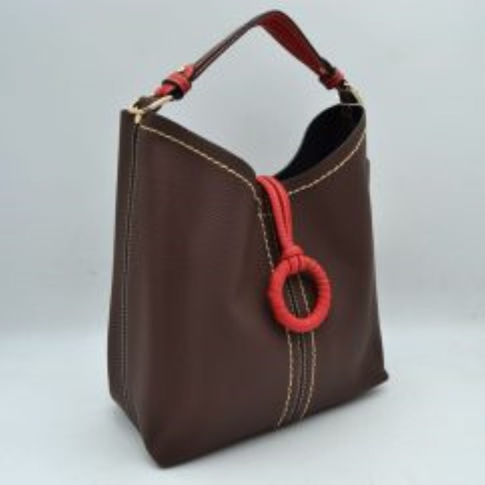 Pebbled Bucket Bag with Contrast Ring Accent and Top Handle