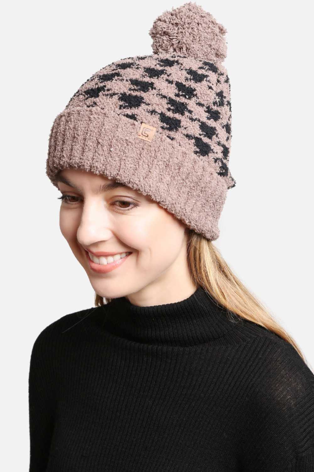 Houndstooth Pom Pom Beanie with Lining