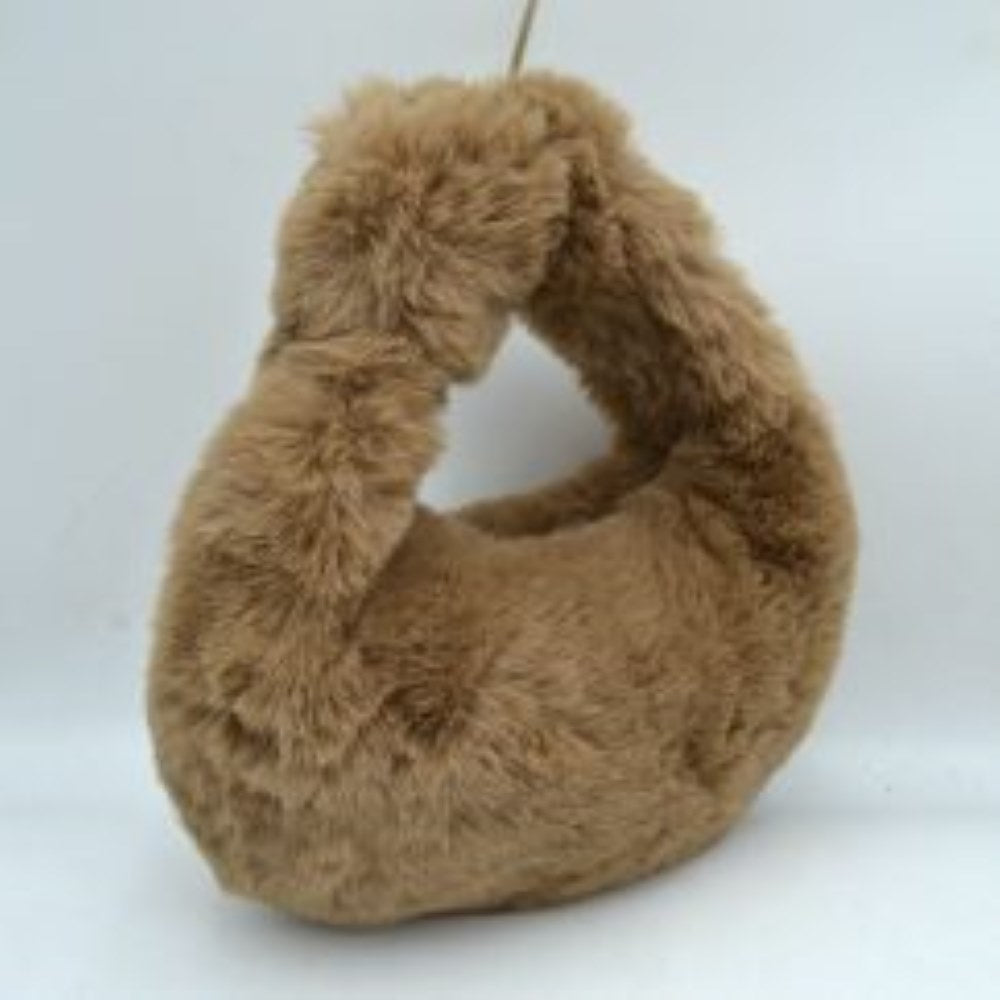 Fluffy Plush Crescent Hobo Handbag with Integrated Top Handle