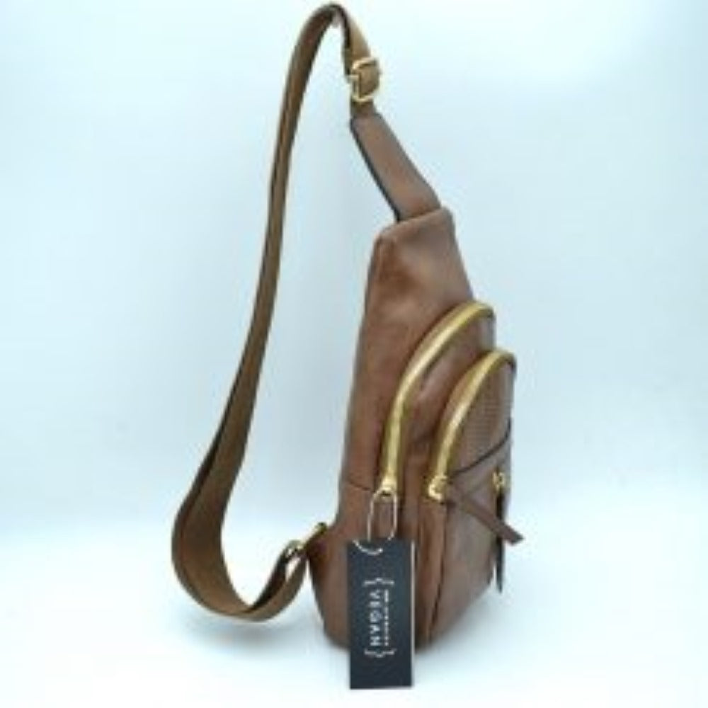 Grained Sling Bag with Perforated Accent and Gold Zippers