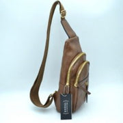 Grained Sling Bag with Perforated Accent and Gold Zippers