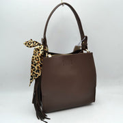 Structured Shoulder Bag with Leopard Print Scarf and Fringe Detail