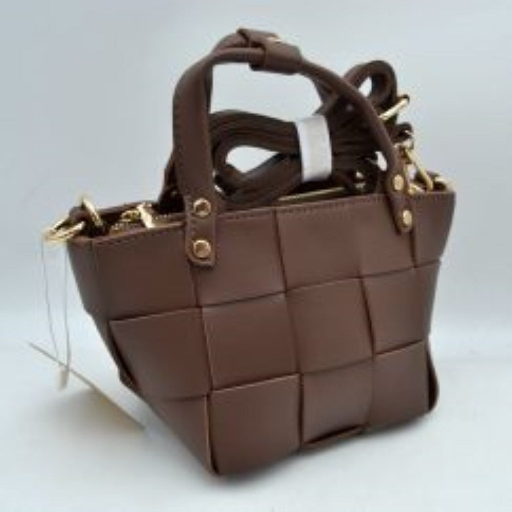 Wide Woven Basket Square Top-Handle Mini Tote Bag with Crossbody Strap