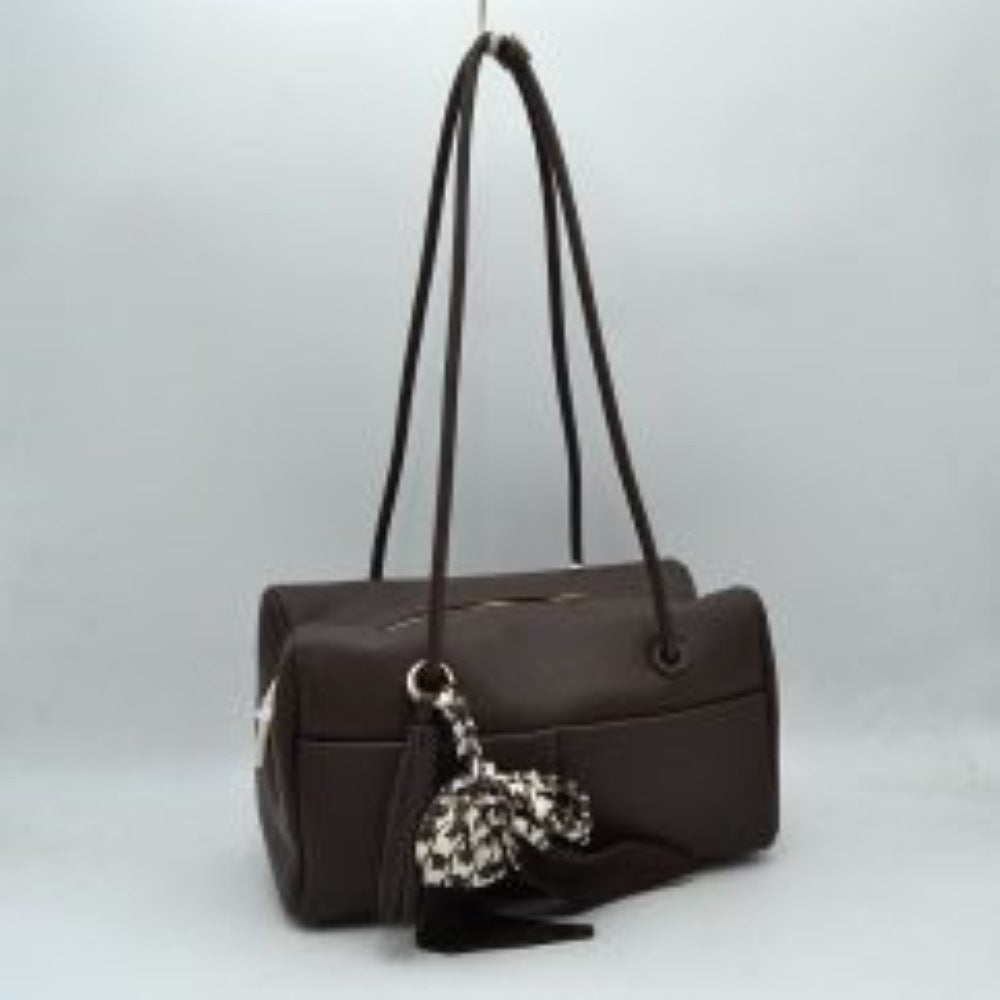 Pebbled Barrel Shoulder Bag with Long Slim Handles and Scarf Accent