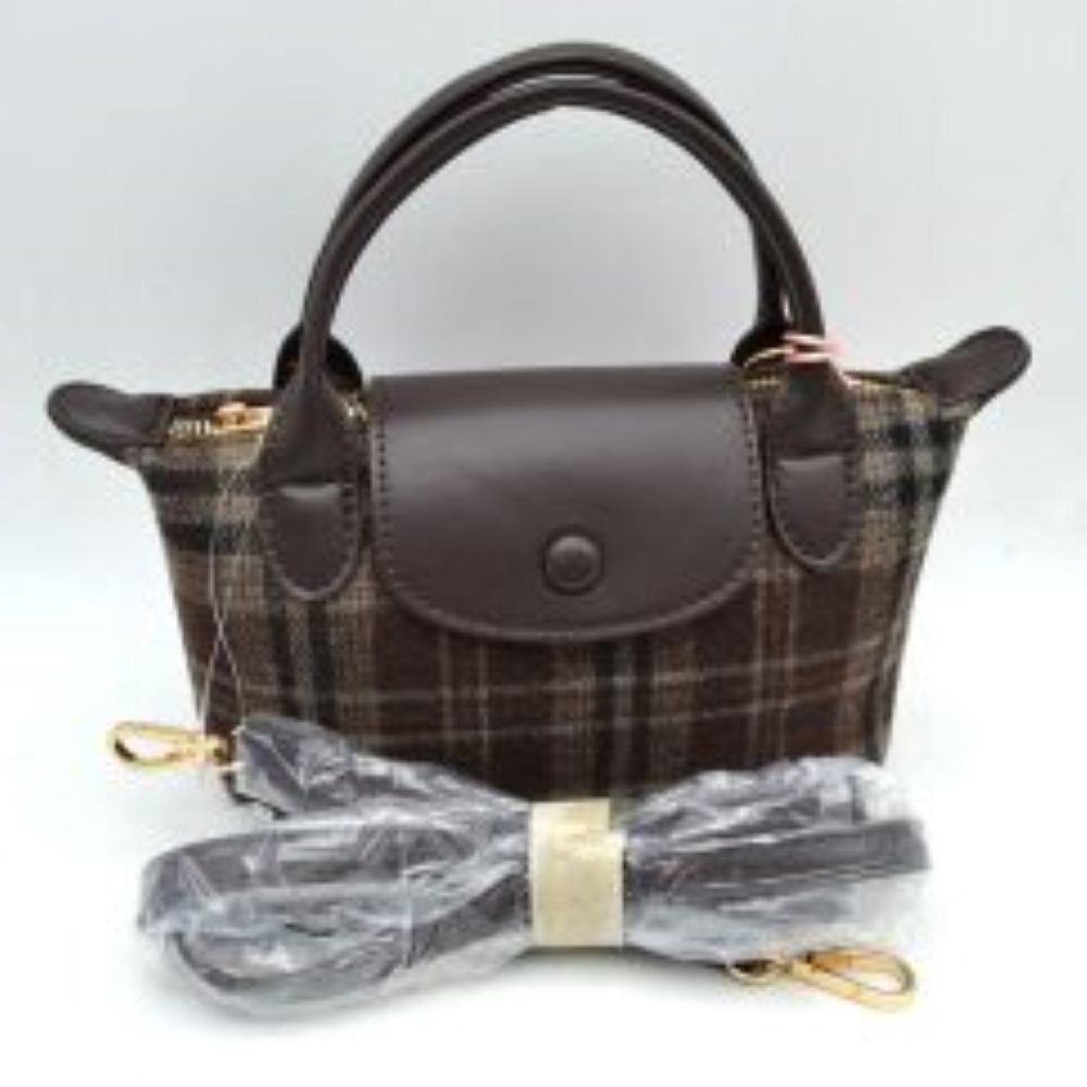 Plaid Fabric Mini Satchel Bag with Snap Flap and Shoulder Strap