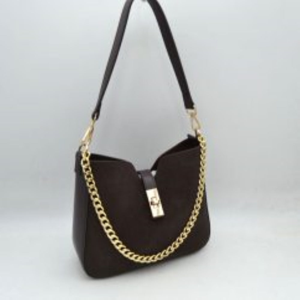 Chain Accent Shoulder Bag with Center Snap Closure