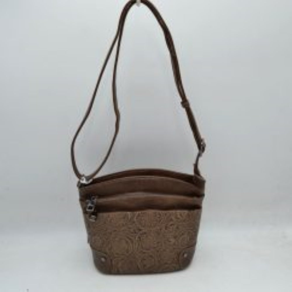 Embossed Floral Multi-Zipper Crossbody Bag with Adjustable Strap