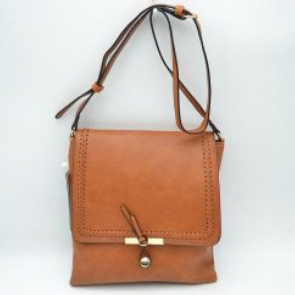 Braided Trim Flap Messenger Crossbody Bag with Metallic Bar T-Lock Closure