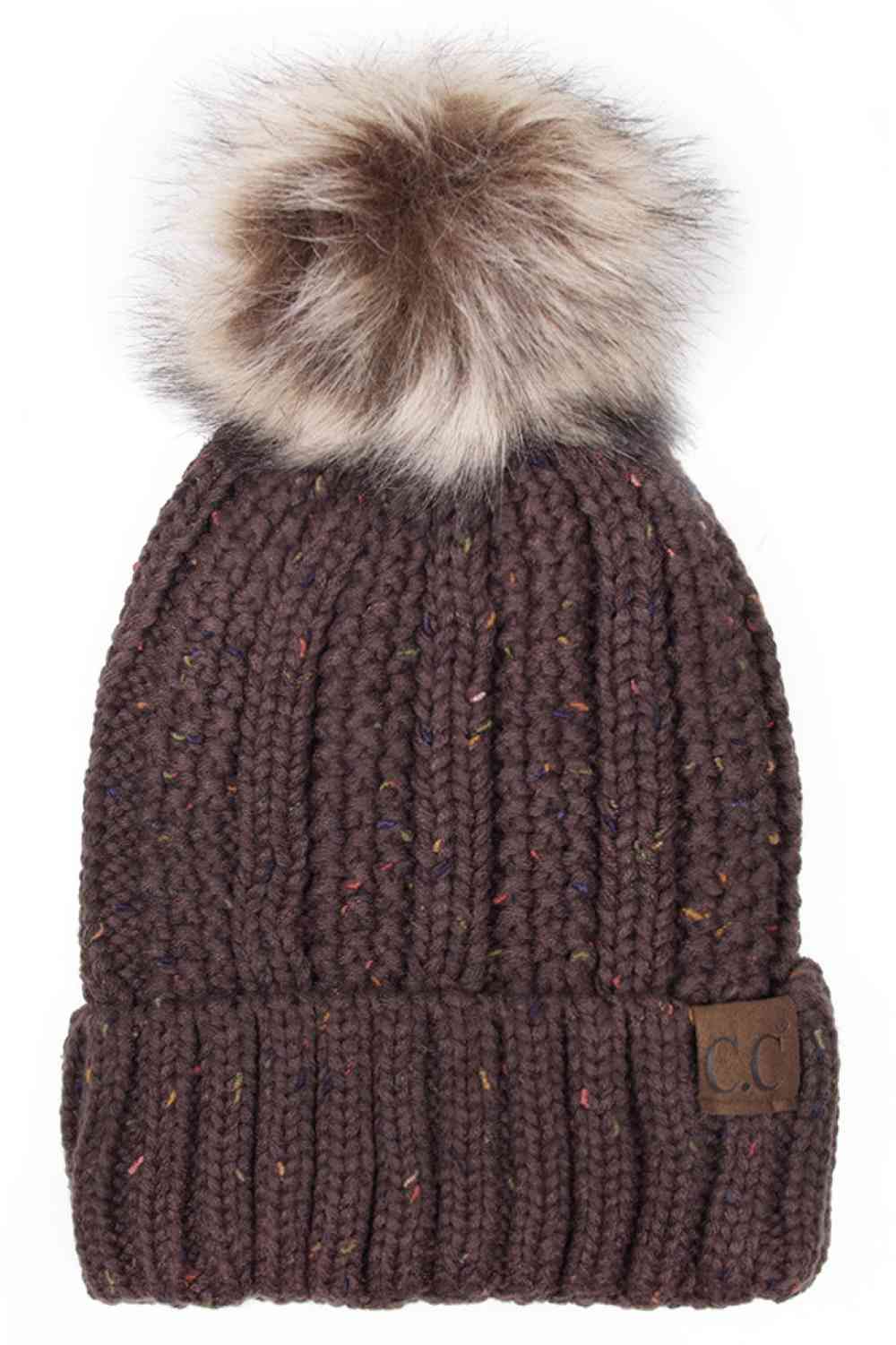 C.C Fuzzy Fleece Lining Knit Beanie With Pom