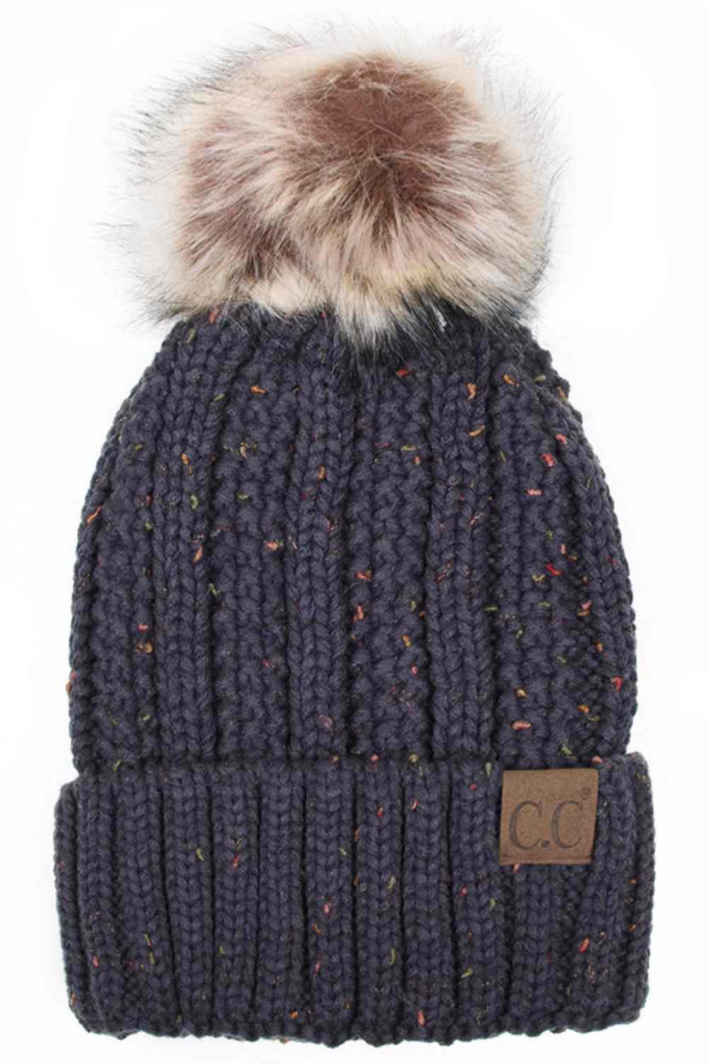 C.C Fuzzy Fleece Lining Knit Beanie With Pom