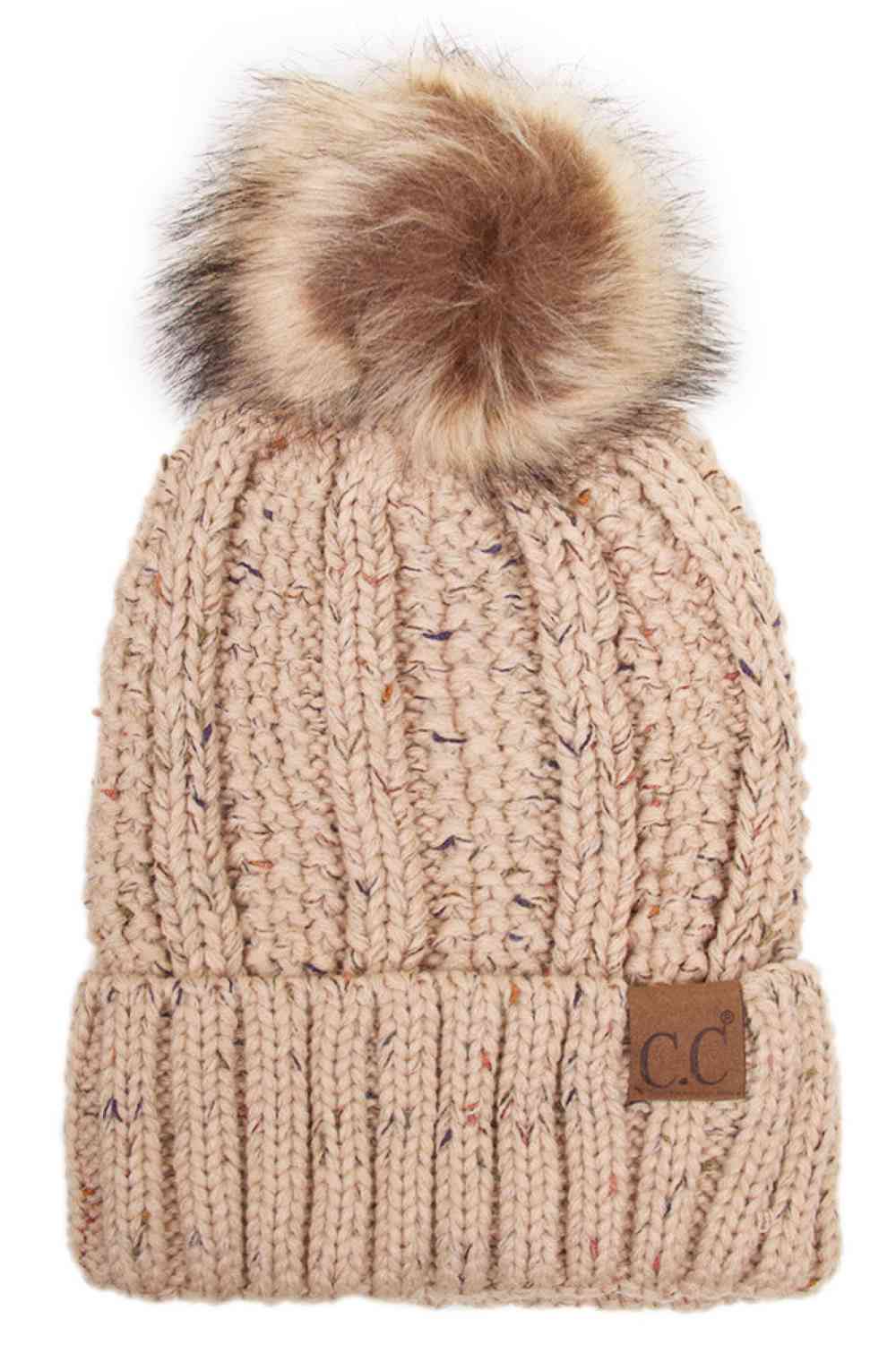 C.C Fuzzy Fleece Lining Knit Beanie With Pom