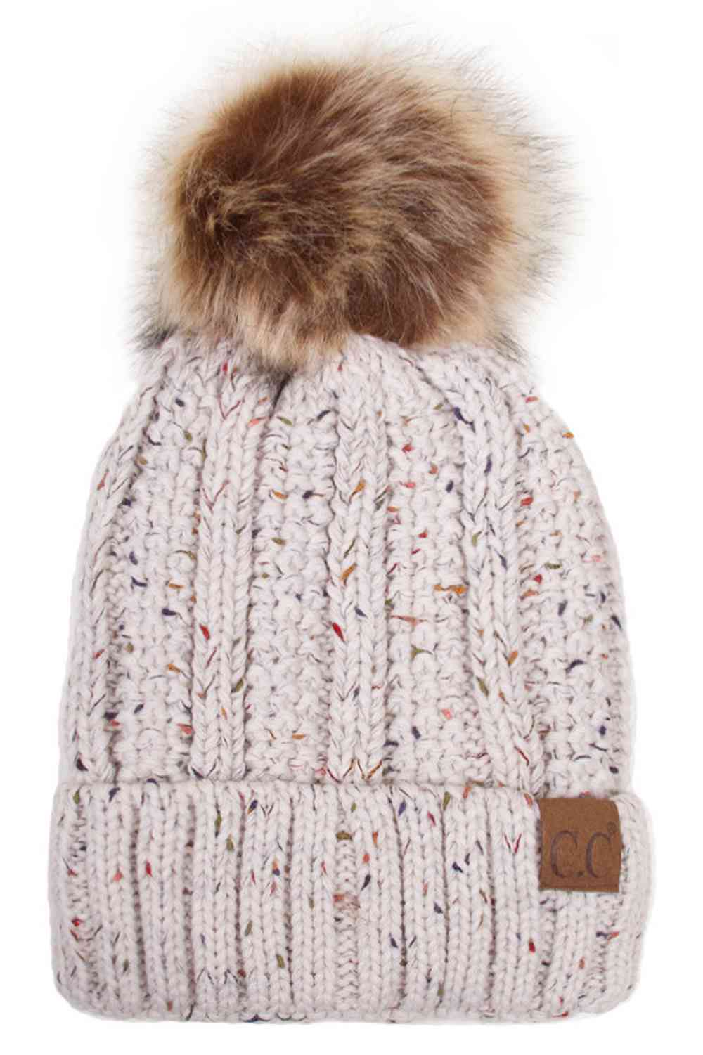 C.C Fuzzy Fleece Lining Knit Beanie With Pom