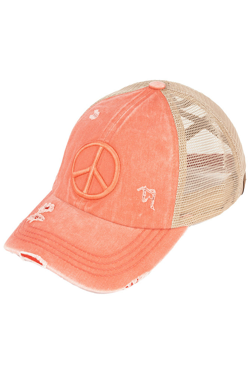 C.C Women's Peace Sign Distressed Ponytail Cap