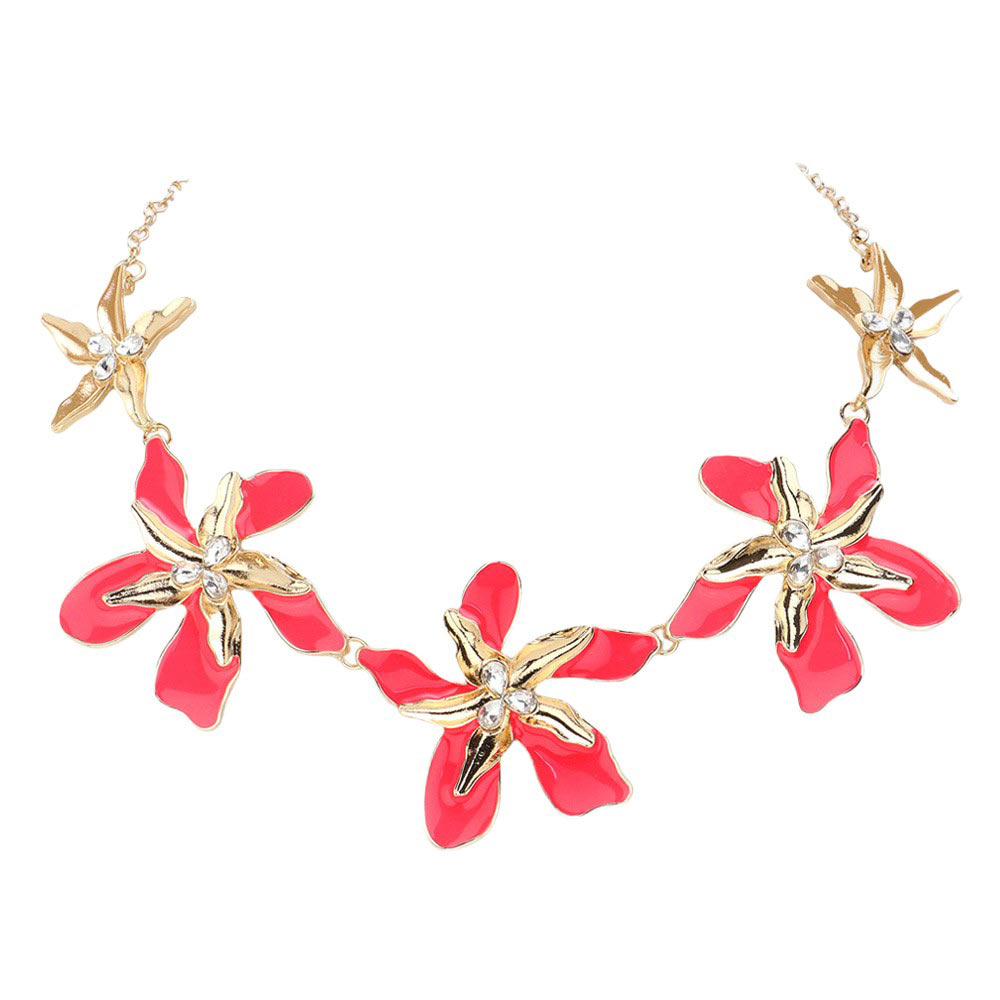 Teardrop Stone Pointed Enamel Flower Link Necklace
