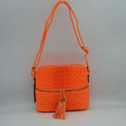 Ostrich-Embossed Dome Crossbody Bag with Dual Tassel Zippers