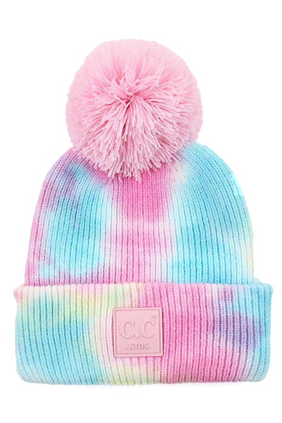 C.C Tie Dye Kids Beanie With C C Rubber Patch And Yarn Pom