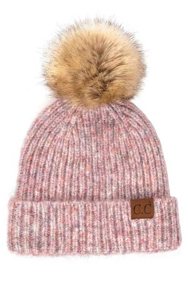 C.C Classic Rib Beanie With Faux Fur Pom