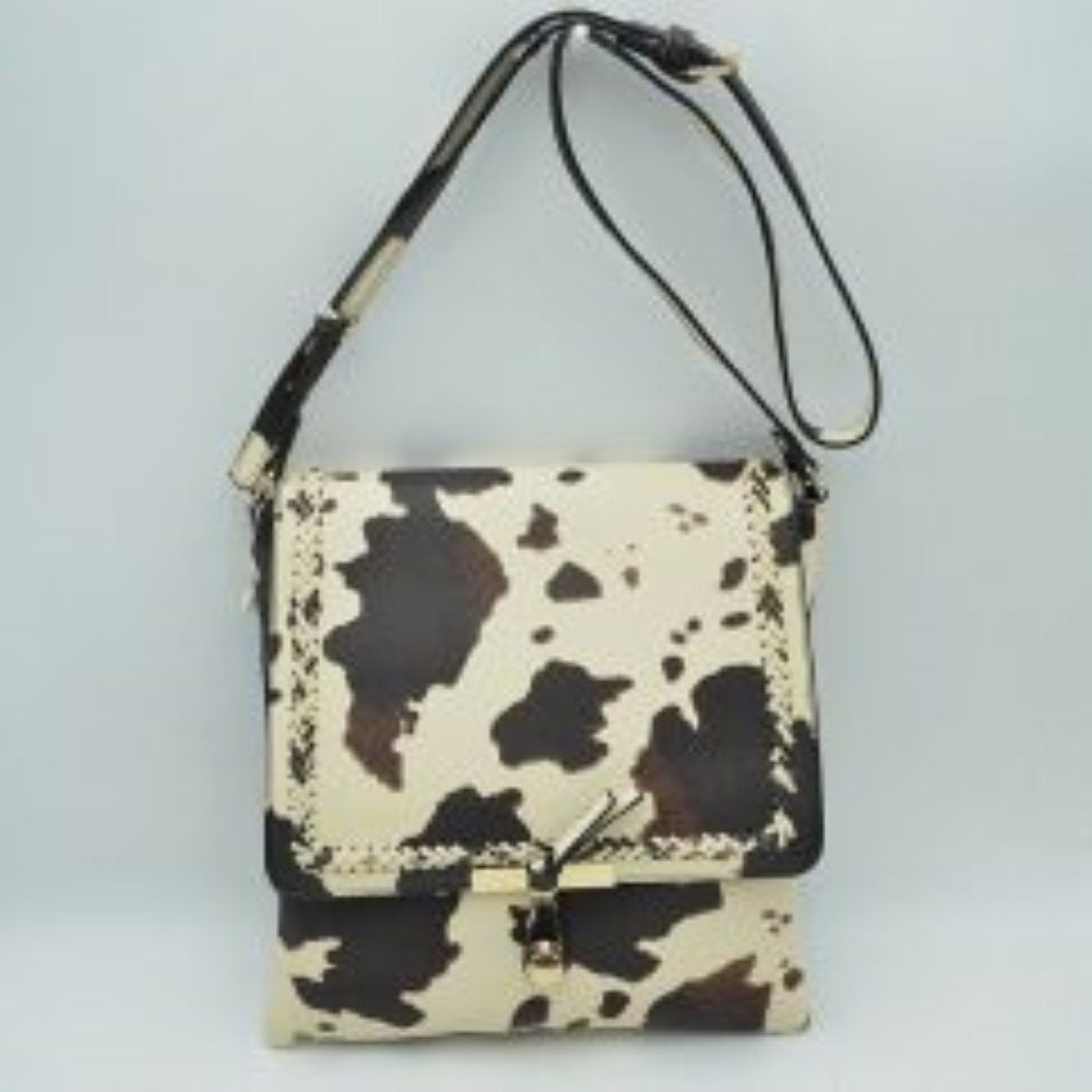 Braided Trim Flap Messenger Crossbody Bag with Metallic Bar T-Lock Closure