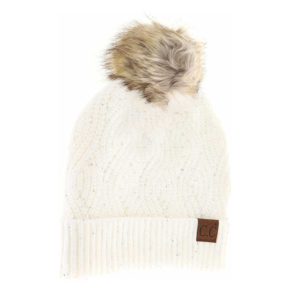 Sequin Brioche Cable Knit Fur Pom C.C Beanie