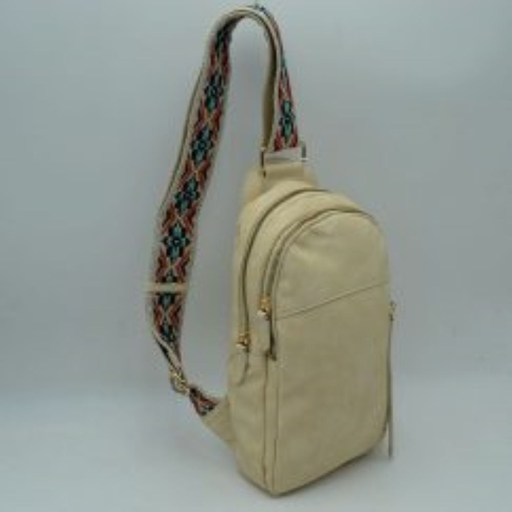 Multi-Zip Sling Backpack with Patterned Shoulder Strap