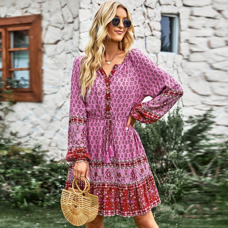 Women's Crew Neck Long Sleeve Boho Print Dress - Closther