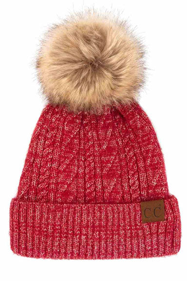 Soft Cuff Cable Knit Fur Pom C.C Beanie