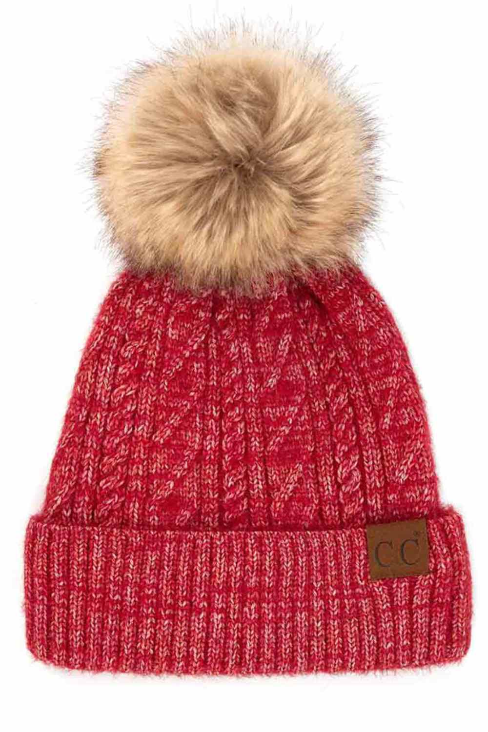 C.C Soft cuff Beanie in Mixed Cable Pattern with Faux Fur Pom