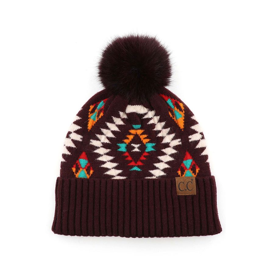 C.C Soft Aztec Pattern Beanie with Faux Fur Pom