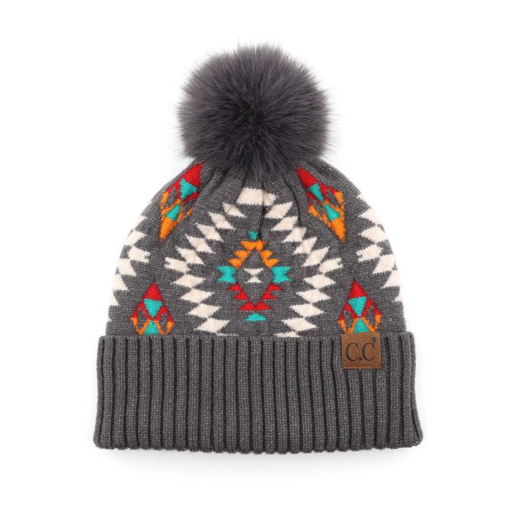C.C Soft Aztec Pattern Beanie with Faux Fur Pom