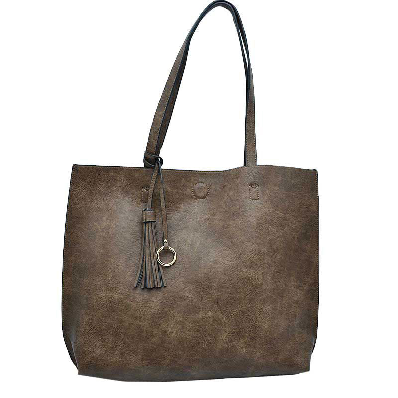 Reversible Faux Leather Tote Bag Vegan Tassel Handbag